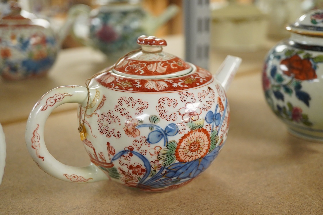 Three 18th century Chinese porcelain European enamelled teapots and covers, tallest - 13cm high
